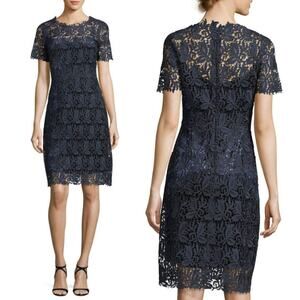 Elie Tahari Ophelia Navy Blue & Black Floral Lace Overlay Cocktail Sheath Dress